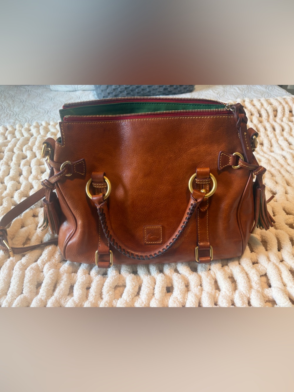 Dooney & Bourke Florentine Tassel Satchel Leather Natural Gold Hardware